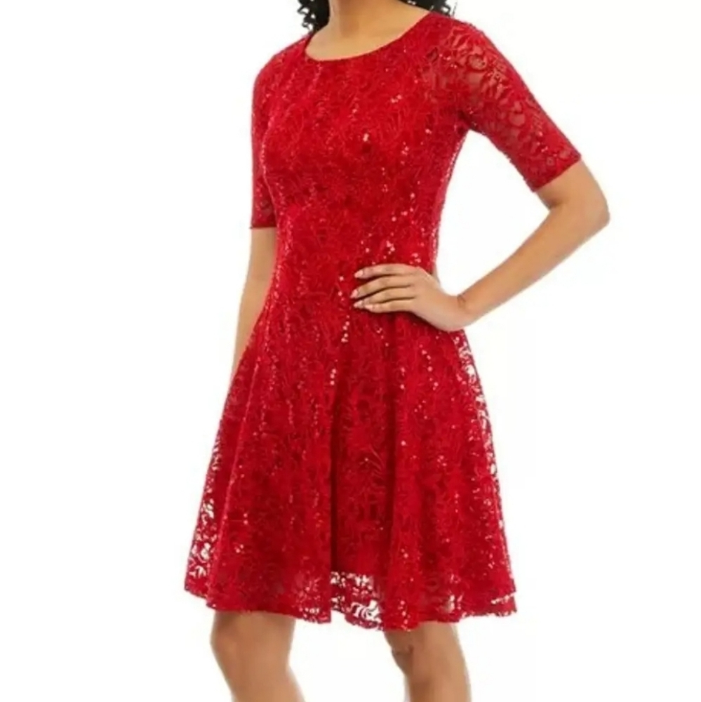 New with Tags Red Lace Sequin Fit and Flare Dress